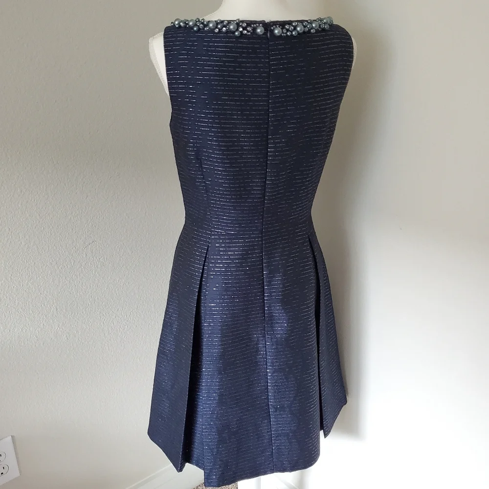 Tahari ASL Navy Blue Beaded Neckline Fit & Flare Dress Metallic Cocktail Size 4 - Picture 4 of 9